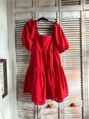 Velvet Red Puff-Sleeve Tiered Dress for Girls